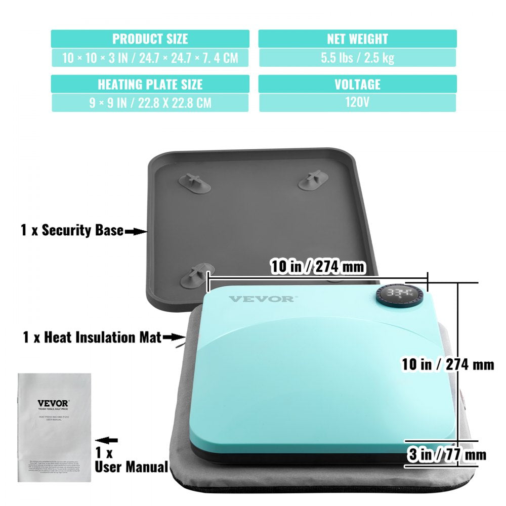 VEVOR Heat Press Machine,9x9inches Portable Shirt Printing Multifunctional Sublimation Transfer Heat Press Machine PTFE Coated, Easy Iron-on Press for T-shirts/Bags/Pillows/HTV Vinyl Projects