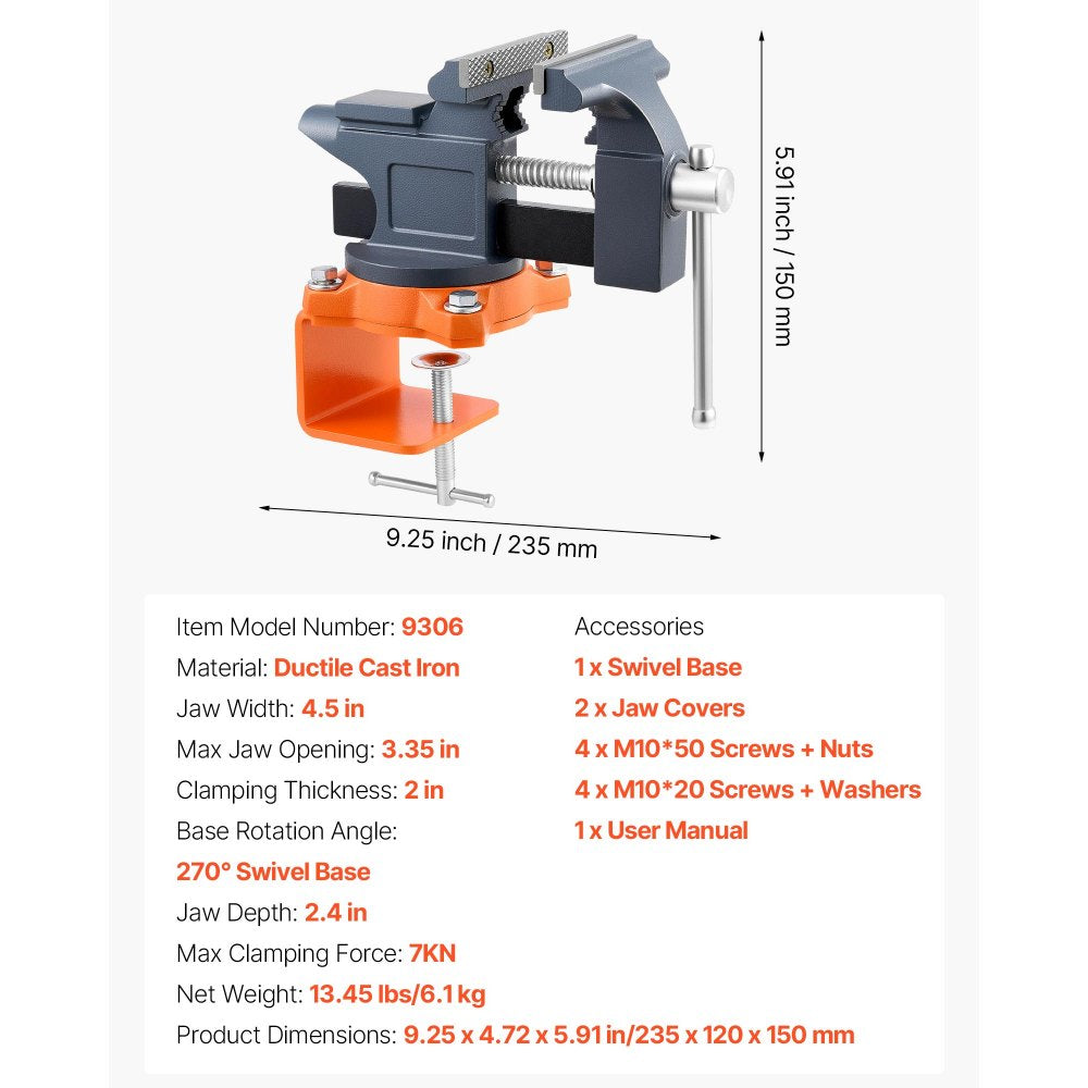 VEVOR Bench Vise, 4.5 Inch, Portable Workbench Vice with 270° Swivel Base, Quick Release Rotating Bench Clamp, Cast Iron Construction, for Woodworking, Metalworking, Drilling, Sawing, Cutting Conduit