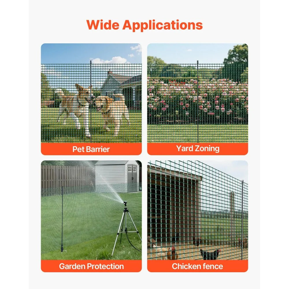 VEVOR Temporary Fence with Posts, 3 x 49.2 FT Plastic Mesh Fencing, Garden Safety Fences Netting with Double-Spike Stakes & Guy Ropes, Temporary Fence for Dogs, Chickens, Plants, Outdoor Yards