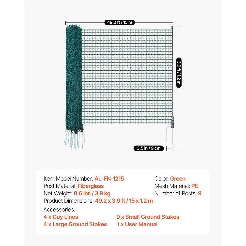 VEVOR Temporary Fence with Posts, 3.9 x 49.2 FT Plastic Mesh Fencing, Garden Safety Fences Netting with Double-Spike Stakes & Guy Ropes, Temporary Fence for Dogs, Chickens, Plants, Outdoor Yards