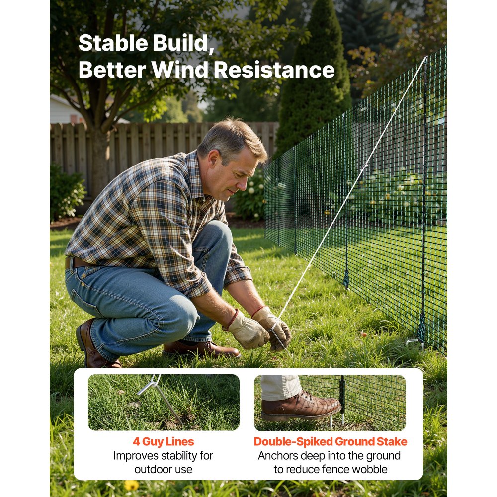 VEVOR Temporary Fence with Posts, 3 x 98.4 FT Plastic Mesh Fencing, Garden Safety Fences Netting with Double-Spike Stakes & Guy Ropes, Temporary Fence for Dogs, Chickens, Plants, Outdoor Yards