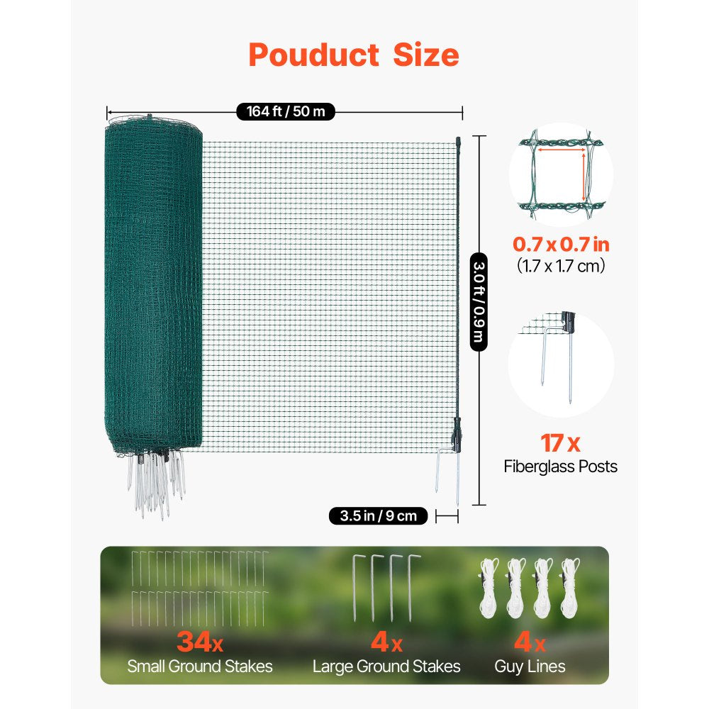 VEVOR Temporary Fence with Posts, 3 x 164 FT Plastic Mesh Fencing, Garden Safety Fences Netting with Double-Spike Stakes & Guy Ropes, Temporary Fence for Dogs, Chickens, Plants, Outdoor Yards