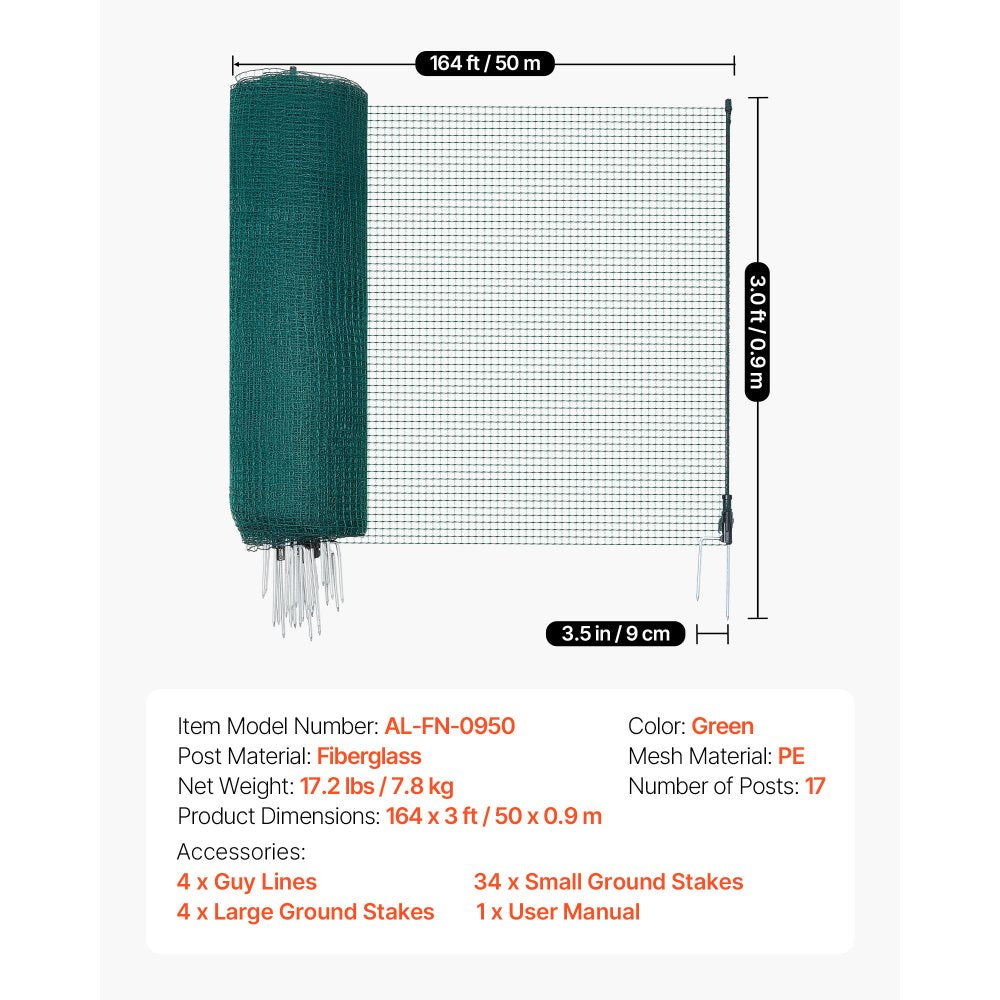 VEVOR Temporary Fence with Posts, 3 x 164 FT Plastic Mesh Fencing, Garden Safety Fences Netting with Double-Spike Stakes & Guy Ropes, Temporary Fence for Dogs, Chickens, Plants, Outdoor Yards