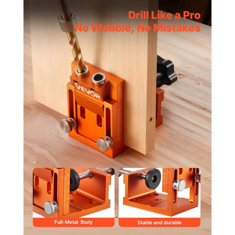 VEVOR Pocket Hole Jig Kit, 0.47 to 1.89 in Adjustable, Jig Pocket Hole System with Step Drill, Hex Wrench, Drill Stop Ring, Square Drive Bit, Plugs and Screws, Reinforced Metal Frame, for Woodworking