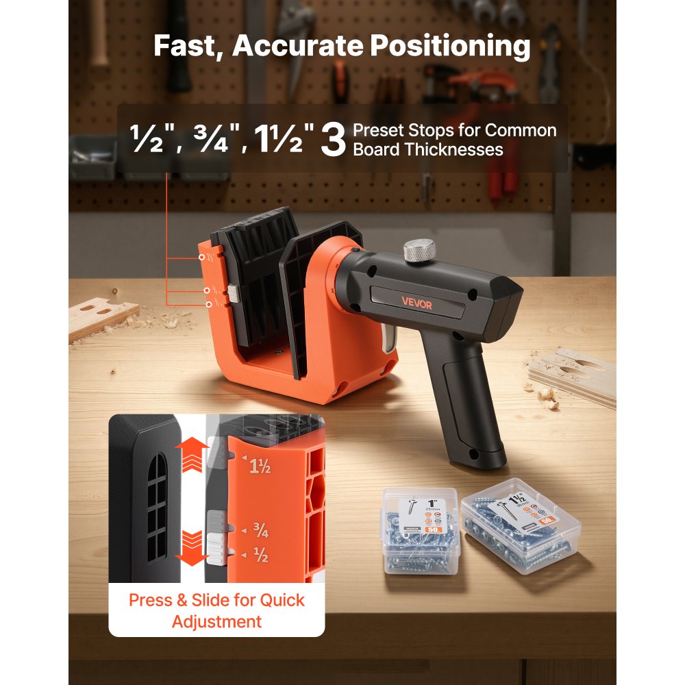 VEVOR Pocket Hole Jig Kit, 1/2", 3/4", 1-1/2" Adjustable, 360° Rotating Handle, Jig Pocket Hole System with 260 Screws, C-Clamp, Stop Collar, Drill Bit, Easy Clamping and Adjusting, for Woodworking