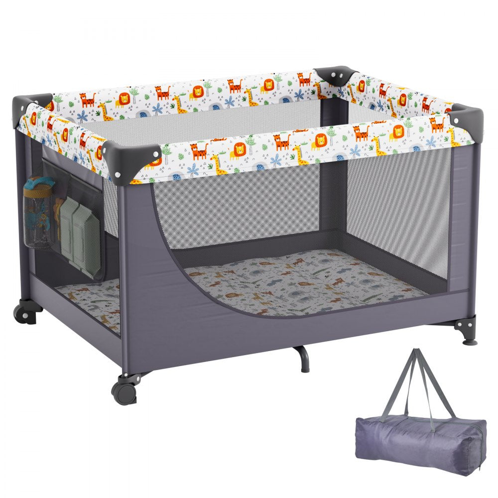 VEVOR Baby Playpen Travel Crib, Quick-Folding Playpen for Baby & Toddler, Portable Baby Fence Play Yard with Wheels, Breathable Mesh & Travel Bag, Indoor/Outdoor Kids Activity Center for 0-36 Months