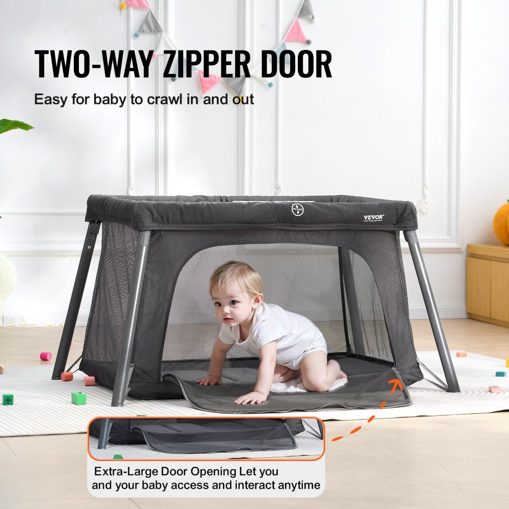 VEVOR Baby Travel Crib and Play Yard, Folding Baby Playpen with Zipper Gate & Soft Mattress, Portable Toddler Crib with Breathable Mesh, Travel Bag, Indoor/Outdoor Kids Activity Center for 0-36 Months