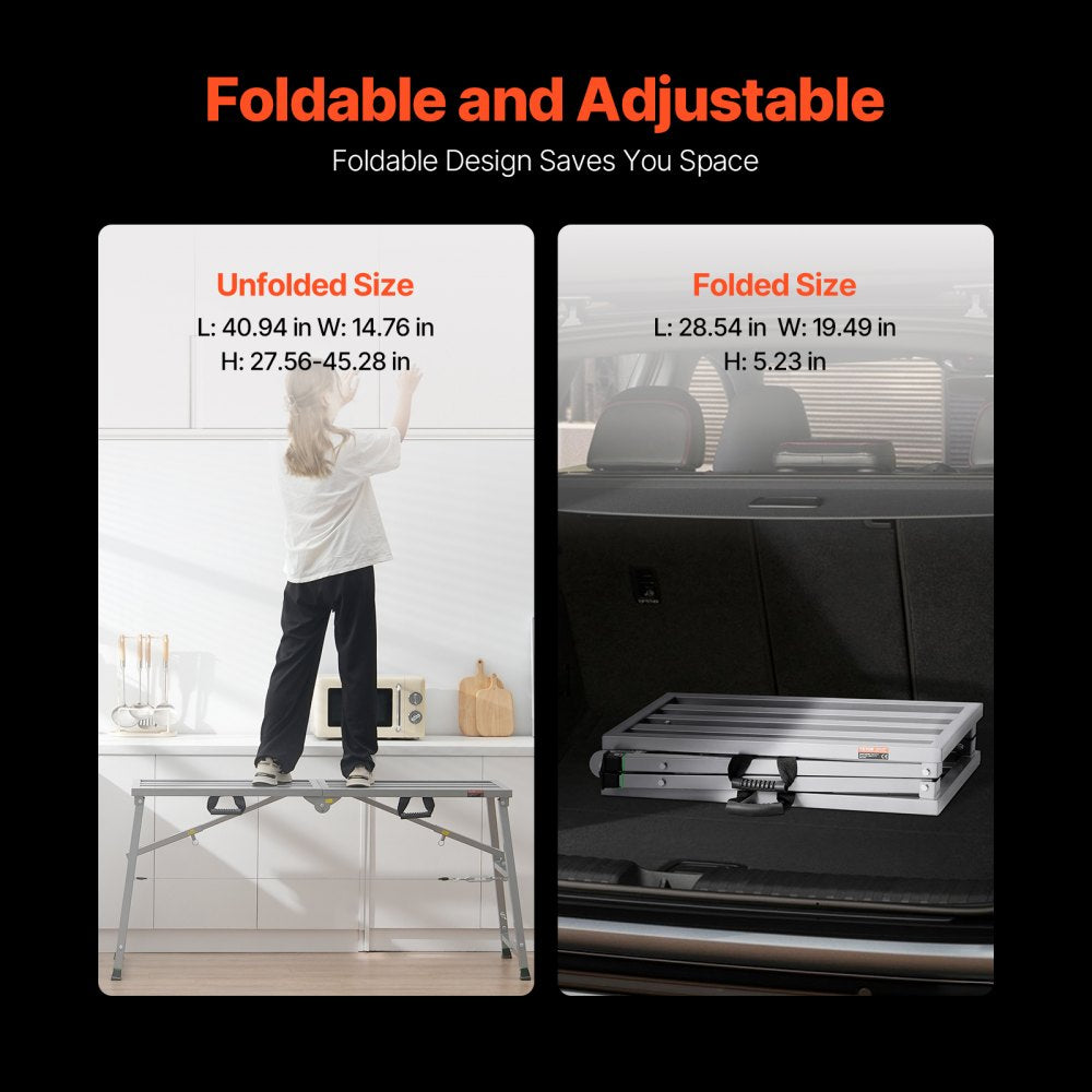VEVOR Work Platform, 4 Gear Adjustable Height, Folding Alloy Steel Step Ladder, Portable Scaffolding Platform, 800 lb Load Capacity, Non-Slip Rubber Feet, Drywall Painting Stool, Cleaning & Washing