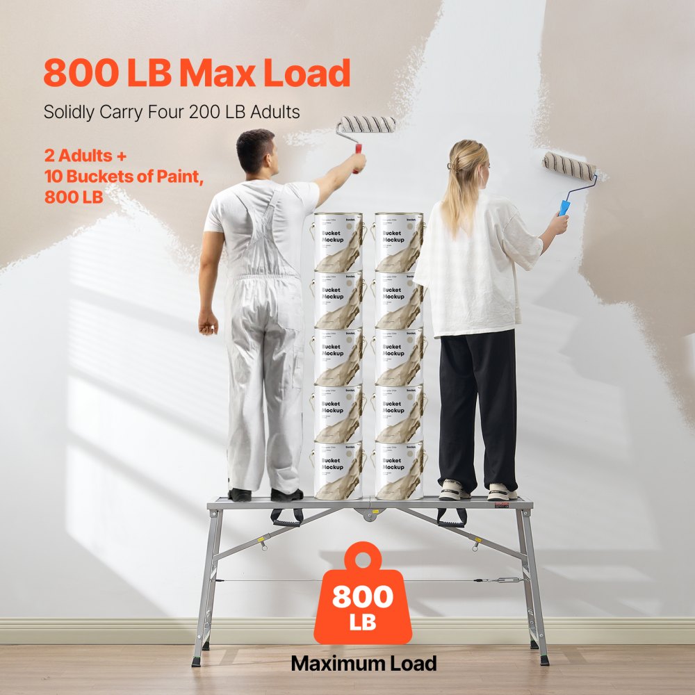 VEVOR Work Platform, 4 Gear Adjustable Height, Folding Alloy Steel Step Ladder, Portable Scaffolding Platform, 800 lb Load Capacity, Non-Slip Rubber Feet, Drywall Painting Stool, Cleaning & Washing