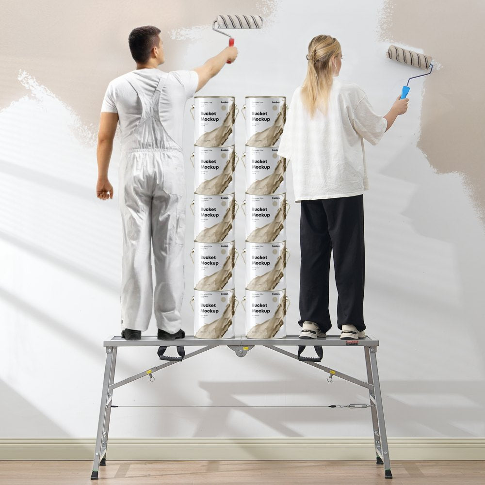 VEVOR Work Platform, 4 Gear Adjustable Height, Folding Alloy Steel Step Ladder, Portable Scaffolding Platform, 800 lb Load Capacity, Non-Slip Rubber Feet, Drywall Painting Stool, Cleaning & Washing