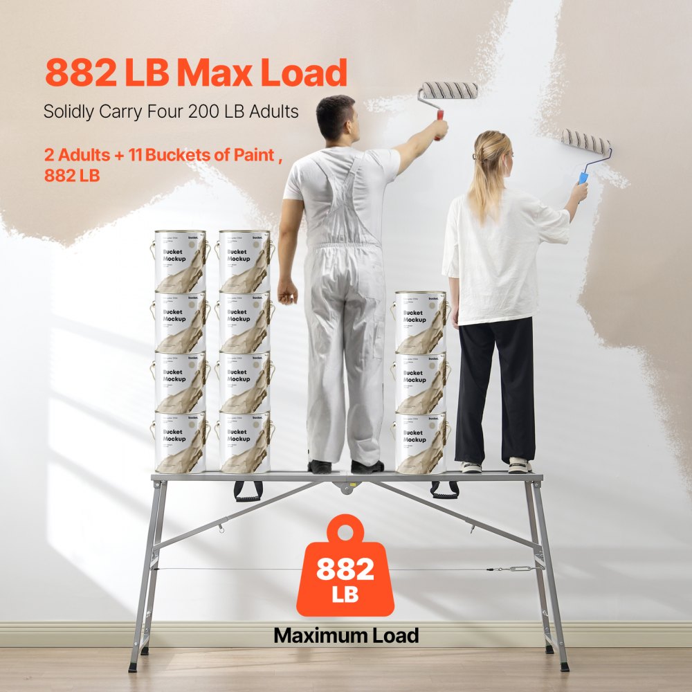 VEVOR Work Platform, 4 Gear Adjustable Height, Folding Alloy Steel Step Ladder, Portable Scaffolding Platform, 880 lb Load Capacity, Non-Slip Rubber Feet, Drywall Painting Stool, Cleaning & Washing
