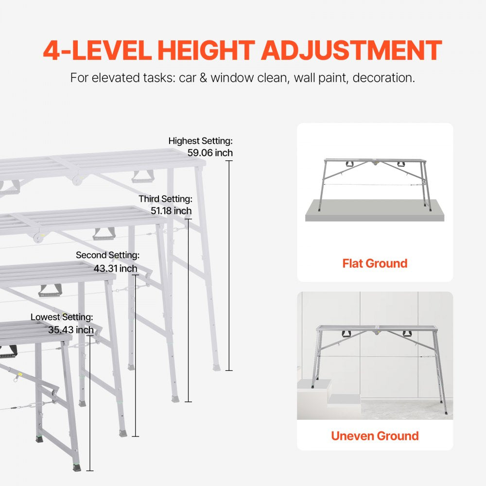VEVOR Work Platform, 4 Gear Adjustable Height, Folding Alloy Steel Step Ladder, Portable Scaffolding Platform, 880 lb Load Capacity, Non-Slip Rubber Feet, Drywall Painting Stool, Cleaning & Washing