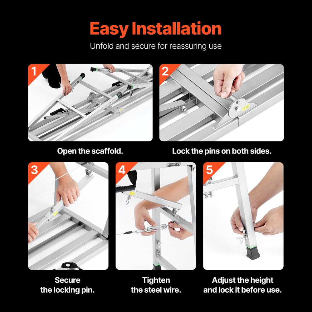 VEVOR Work Platform, 4 Gear Adjustable Height, Folding Alloy Steel Step Ladder, Portable Scaffolding Platform, 880 lb Load Capacity, Non-Slip Rubber Feet, Drywall Painting Stool, Cleaning & Washing