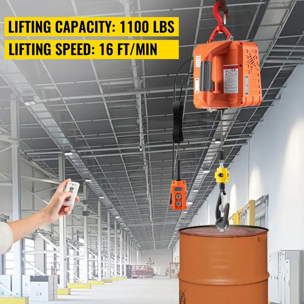 VEVOR 3-in-1 Electric Hoist Winch, 1100lbs Portable Electric Winch, 110V Power Winch Crane, 25ft Lifting Height, with Wire, Wireless, Manual Remote Control, Overload Protection for Lifting Towing