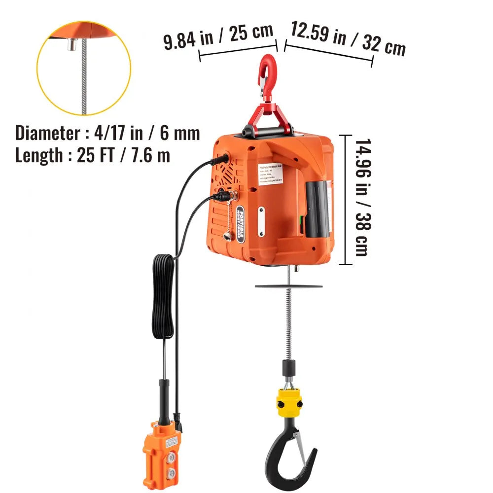 VEVOR 3-in-1 Electric Hoist Winch, 1100lbs Portable Electric Winch, 110V Power Winch Crane, 25ft Lifting Height, with Wire, Wireless, Manual Remote Control, Overload Protection for Lifting Towing