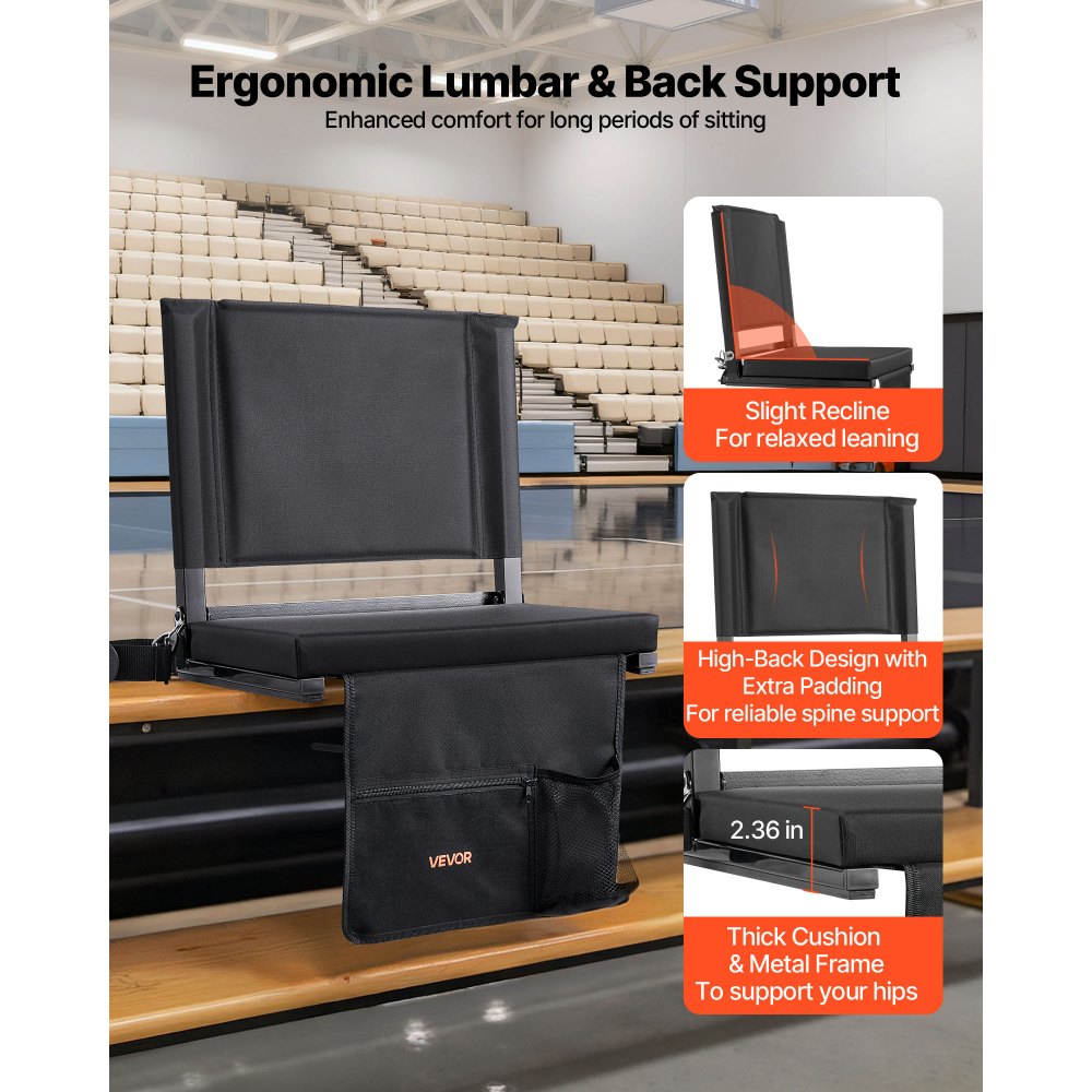 VEVOR Stadium Seat, Folding Bleacher Chair with Back Support and Thick Cushion, Padded Stadium Seat for Bleacher Includes Shoulder Strap, Hooks, Cup Holder, and Side Pocket, Black Bleachers Chair