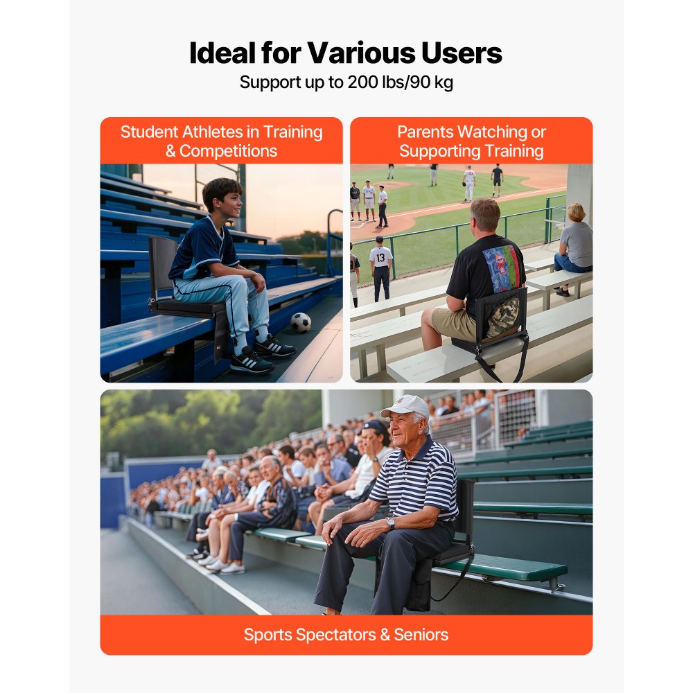 VEVOR Stadium Seat, Folding Bleacher Chair with Back Support and Thick Cushion, Padded Stadium Seat for Bleacher Includes Shoulder Strap, Hooks, Cup Holder, and Side Pocket, Black Bleachers Chair