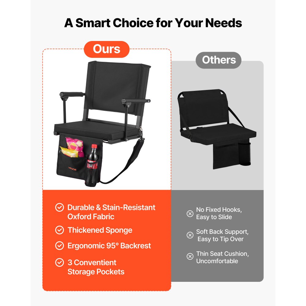 VEVOR Stadium Seat, Portable Bleacher Seat with Armrest, Back Support and Thick Cushion, Bench Chair for Bleacher Includes Shoulder Strap, Hooks, Cup Holder, Black Football Bleachers Seats, 1PCS