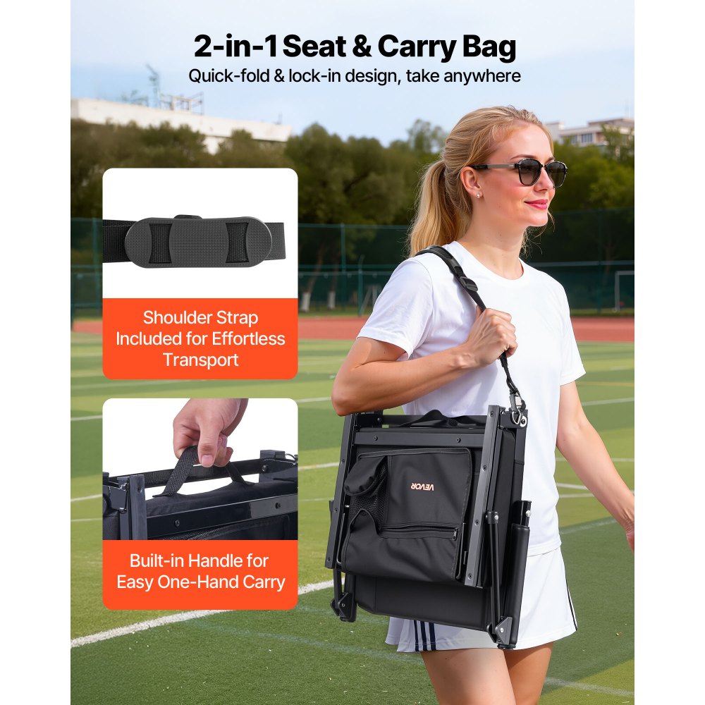 VEVOR Stadium Seat, Portable Bleacher Seat with Armrest, Back Support and Thick Cushion, Bench Chair for Bleacher Includes Shoulder Strap, Hooks, Cup Holder, Black Football Bleachers Seats, 1PCS