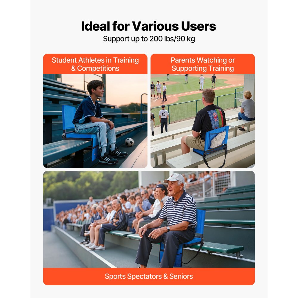 VEVOR Stadium Seat, Folding Bleacher Chair with Back Support and Thick Cushion, Padded Stadium Seat for Bleacher Includes Shoulder Strap, Hooks, Cup Holder, and Side Pocket, Blue Bleachers Chair