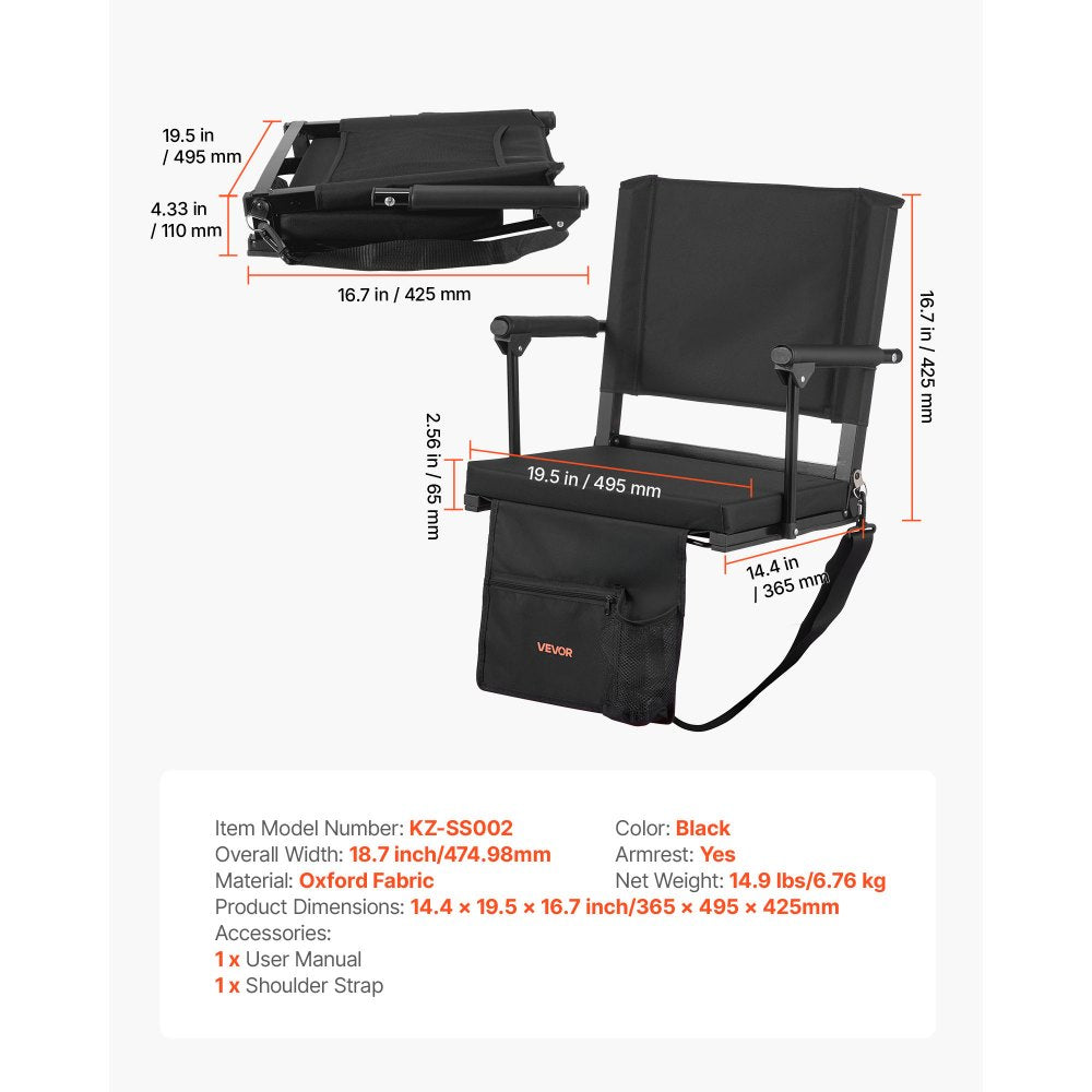 VEVOR Stadium Seat, Portable Bleacher Seat with Armrest, Back Support and Thick Cushion, Bench Chair for Bleacher Includes Shoulder Strap, Hooks, Cup Holder, Black Football Bleachers Seats, 2PCS