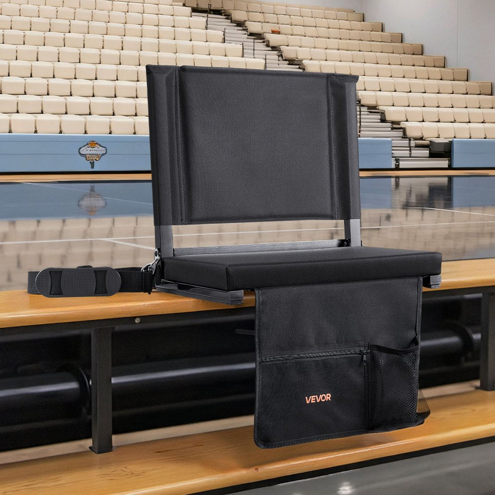 VEVOR Stadium Seat, Folding Bleacher Seat with Back Support and Thick Cushion, Padded Stadium Seats for Bleacher Includes Shoulder Strap, Hooks, Cup Holder, and Side Pocket, Black Bleachers Chair