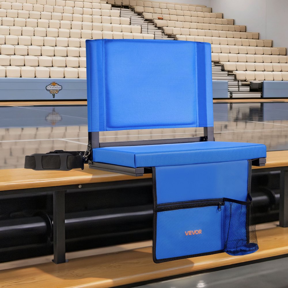 VEVOR Stadium Seat, Folding Bleacher Seat with Back Support & Thick Cushion, Padded Stadium Seats for Bleacher Includes Shoulder Strap, Hooks, Cup Holder, and Side Pocket, Blue Bleachers Chair