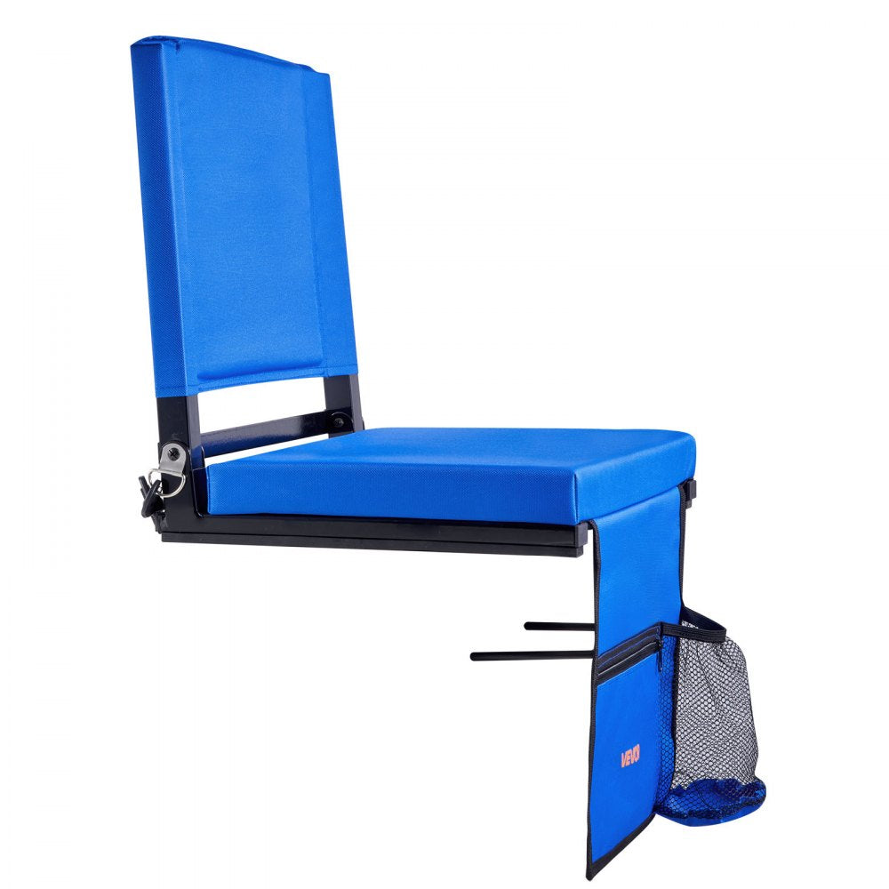 VEVOR Stadium Seat, Folding Bleacher Seat with Back Support & Thick Cushion, Padded Stadium Seats for Bleacher Includes Shoulder Strap, Hooks, Cup Holder, and Side Pocket, Blue Bleachers Chair