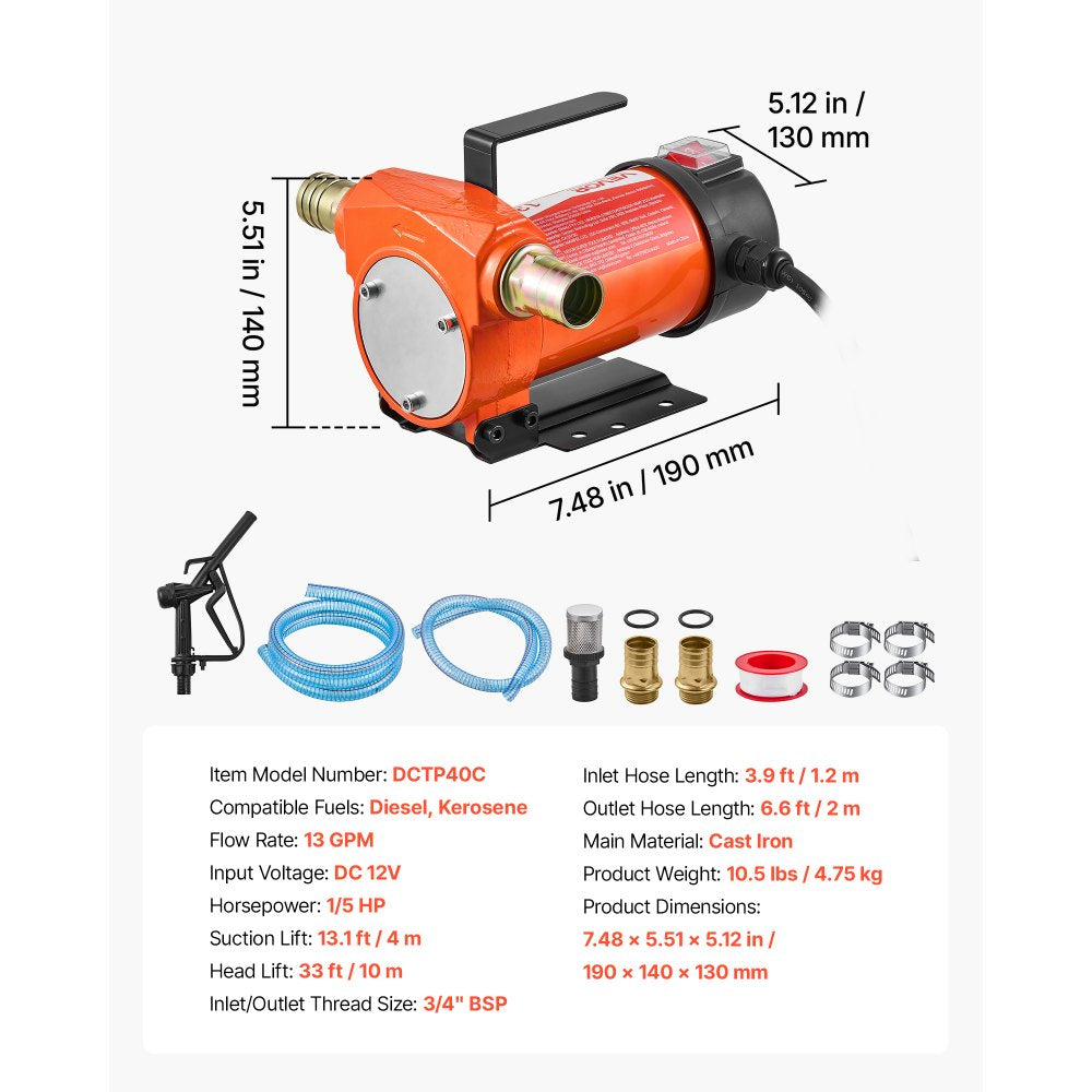 VEVOR Fuel Transfer Pump 12V DC 13 GPM Portable Electric Diesel Pump Kit, for Diesel and Kerosene, 1/5 HP Motor, Cast Iron Housing, with Manual Fuel Nozzle, Discharge Hose, Filter Screen, Hose Clamp