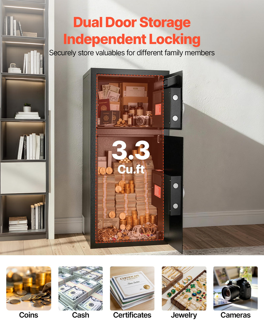 VEVOR Double Door Safe Box, 3.3 Cu. Ft, Heavy Duty Home Safe with Electronic Keypad, Anti-Theft, Digital Safety Lock Box with Key, Drop Slot, for Money, Firearm, Jewelry, Document, Valuables, Black