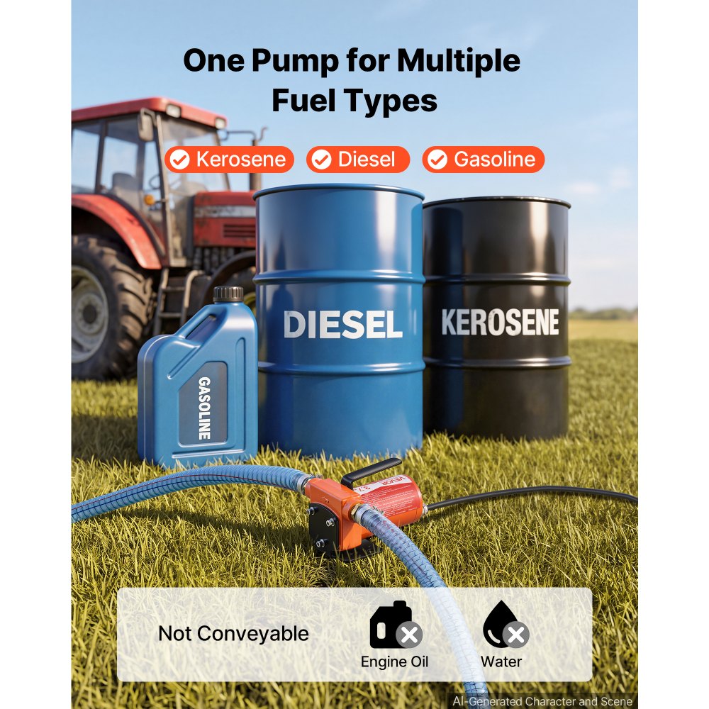 VEVOR Fuel Transfer Pump 12V DC 3.7 GPM Portable Electric Diesel Pump Kit, for Gasoline Diesel and Kerosene, 1/4 HP Motor, Cast Iron Housing, with Manual Fuel Nozzle, Discharge Hose, Filter Screen