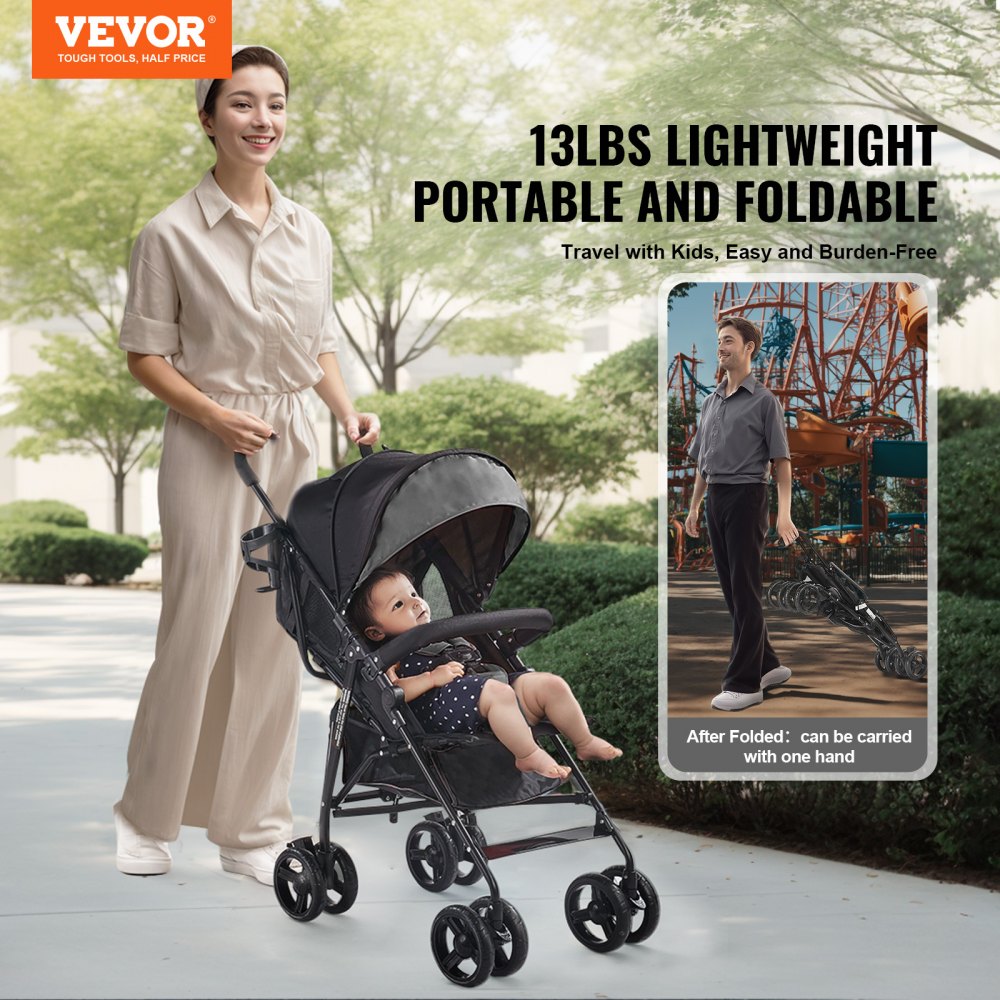 VEVOR Lightweight Stroller, Compact Easy Fold MultiPosition Recline Canopy Backrest, Carbon Steel Frame, Large Storage Basket,Cup Holder, Umbrella Toddler Baby Stroller for Travel, Dark Gray/Black