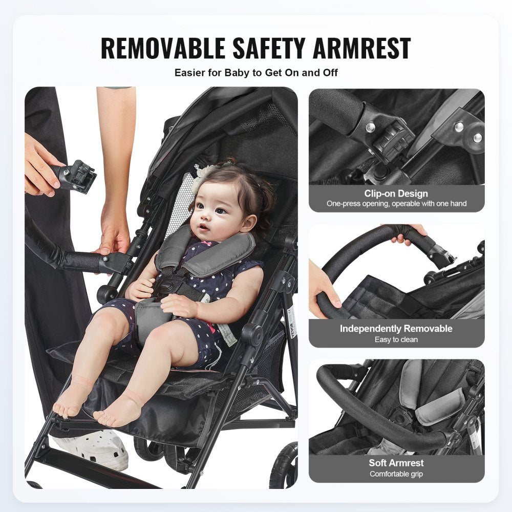 VEVOR Lightweight Stroller, Compact Easy Fold MultiPosition Recline Canopy Backrest, Carbon Steel Frame, Large Storage Basket,Cup Holder, Umbrella Toddler Baby Stroller for Travel, Dark Gray/Black