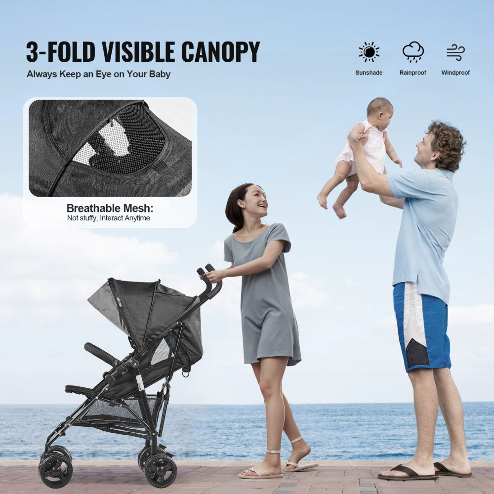 VEVOR Lightweight Stroller, Compact Easy Fold MultiPosition Recline Canopy Backrest, Carbon Steel Frame, Large Storage Basket,Cup Holder, Umbrella Toddler Baby Stroller for Travel, Dark Gray/Black