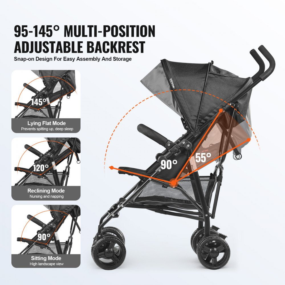 VEVOR Lightweight Stroller, Compact Easy Fold MultiPosition Recline Canopy Backrest, Carbon Steel Frame, Large Storage Basket,Cup Holder, Umbrella Toddler Baby Stroller for Travel, Dark Gray/Black