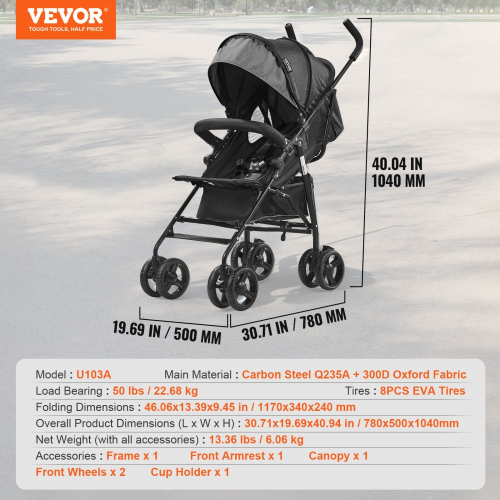 VEVOR Lightweight Stroller, Compact Easy Fold MultiPosition Recline Canopy Backrest, Carbon Steel Frame, Large Storage Basket,Cup Holder, Umbrella Toddler Baby Stroller for Travel, Dark Gray/Black