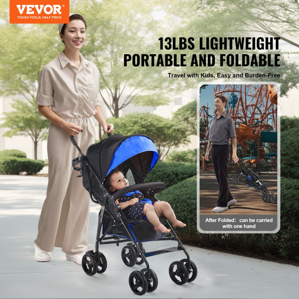 VEVOR Lightweight Stroller, Compact Easy Fold MultiPosition Recline Canopy Backrest, Carbon Steel Frame, Large Storage Basket, Umbrella Toddler Baby Stroller for Travel and More, Black/Blue