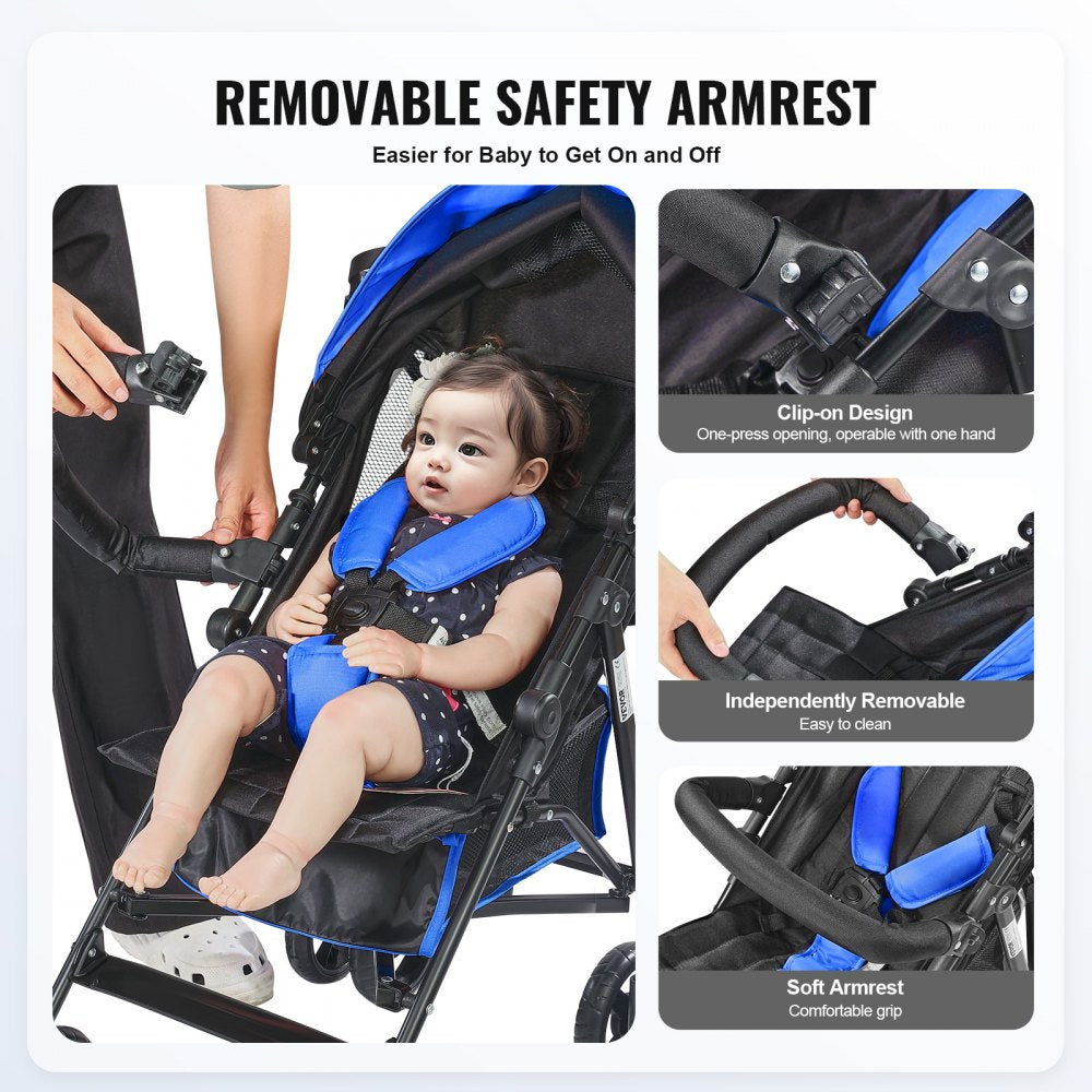 VEVOR Lightweight Stroller, Compact Easy Fold MultiPosition Recline Canopy Backrest, Carbon Steel Frame, Large Storage Basket, Umbrella Toddler Baby Stroller for Travel and More, Black/Blue