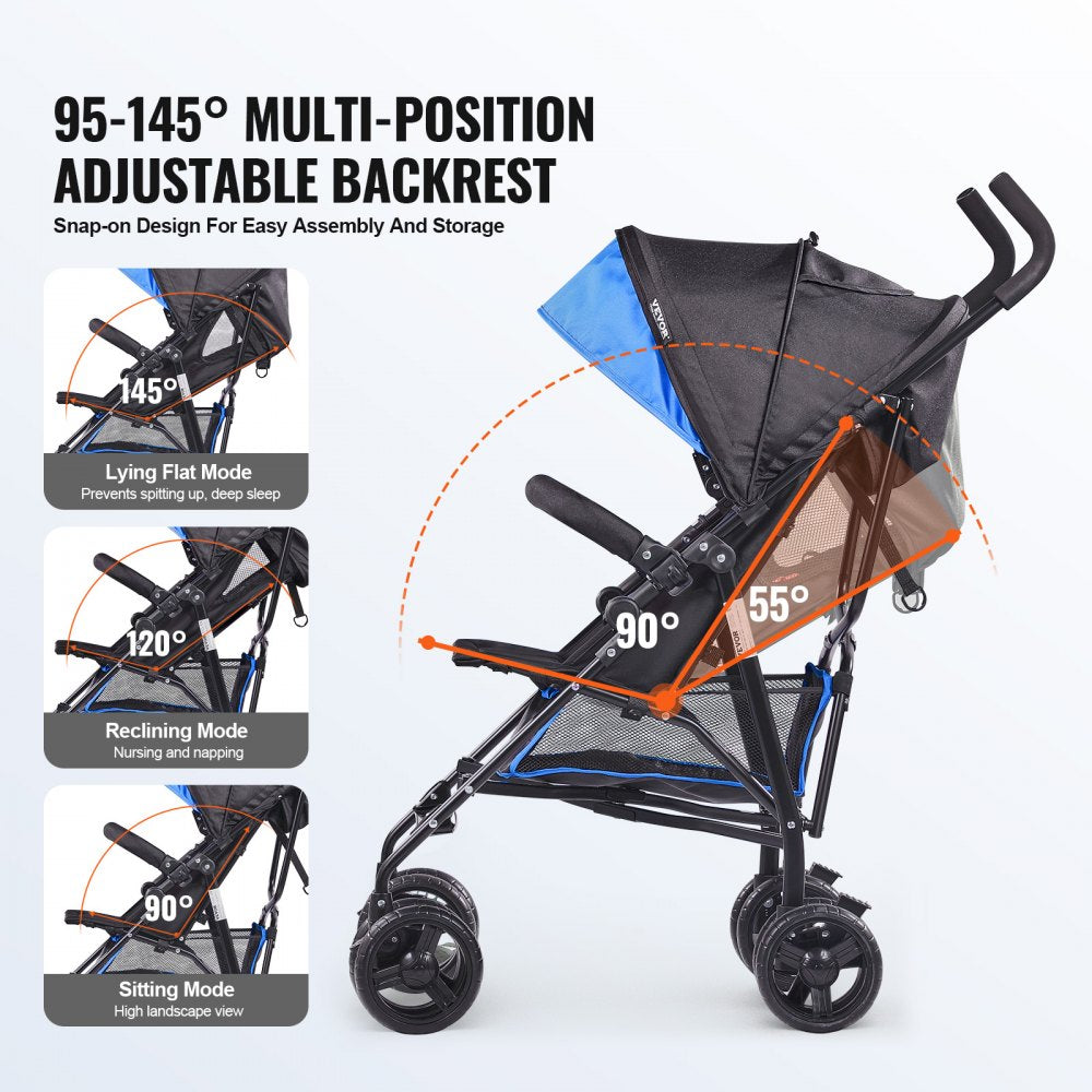 VEVOR Lightweight Stroller, Compact Easy Fold MultiPosition Recline Canopy Backrest, Carbon Steel Frame, Large Storage Basket, Umbrella Toddler Baby Stroller for Travel and More, Black/Blue