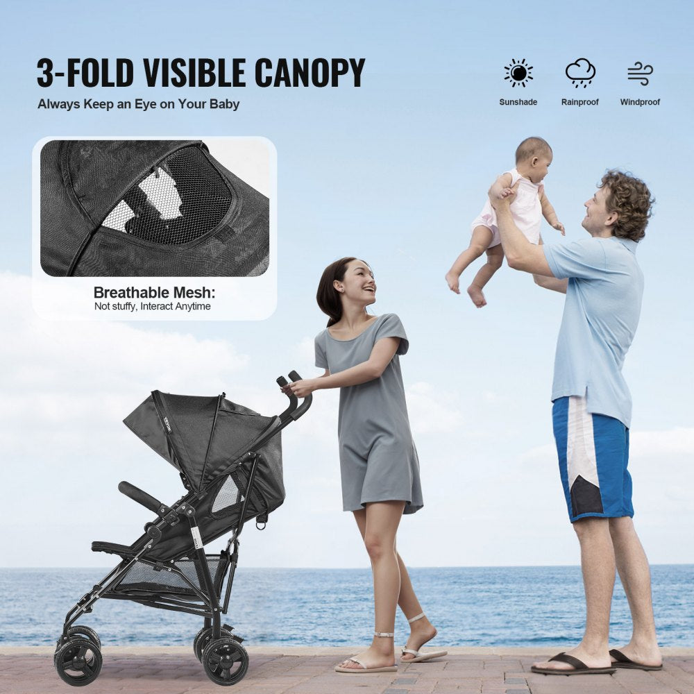 VEVOR Lightweight Stroller, Compact Easy Fold MultiPosition Recline Canopy Backrest, Carbon Steel Frame, Large Storage Basket,Cup Holder, Umbrella Toddler Baby Stroller for Travel and More, Black