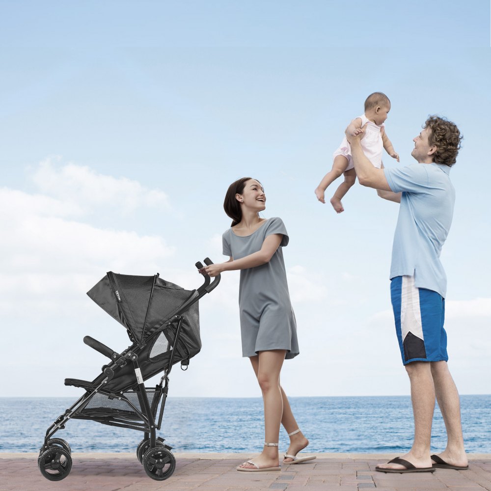 VEVOR Lightweight Stroller, Compact Easy Fold MultiPosition Recline Canopy Backrest, Carbon Steel Frame, Large Storage Basket,Cup Holder, Umbrella Toddler Baby Stroller for Travel and More, Black