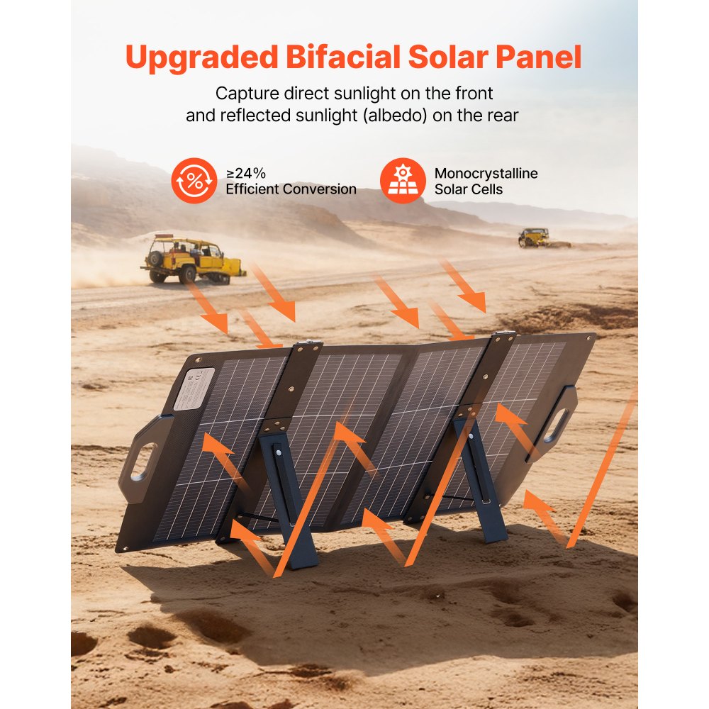 VEVOR 100W Bifacial Solar Panel, 16BB N-Type Foldable Monocrystalline Solar Panel Charger 24% Efficiency, Portable with MC4 Output, USB-A (QC3.0), Type-C & DC Ports for Power Stations Camping Hiking