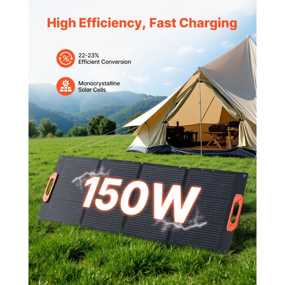 VEVOR 150W Foldable Monocrystalline Solar Panel, 23% Efficiency Portable ETFE Mono Solar Panel Charger with MC4 Output, Type-C, QC3.0 USB & DC Ports, IP67 Waterproof for Power Stations Camping Hiking