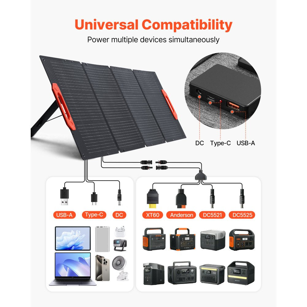 VEVOR 150W Foldable Monocrystalline Solar Panel, 23% Efficiency Portable ETFE Mono Solar Panel Charger with MC4 Output, Type-C, QC3.0 USB & DC Ports, IP67 Waterproof for Power Stations Camping Hiking