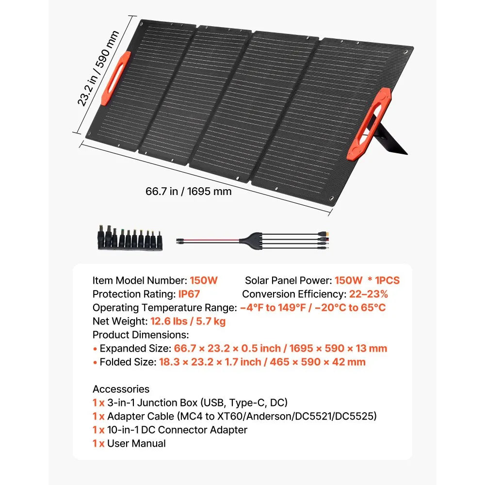 VEVOR 150W Foldable Monocrystalline Solar Panel, 23% Efficiency Portable ETFE Mono Solar Panel Charger with MC4 Output, Type-C, QC3.0 USB & DC Ports, IP67 Waterproof for Power Stations Camping Hiking