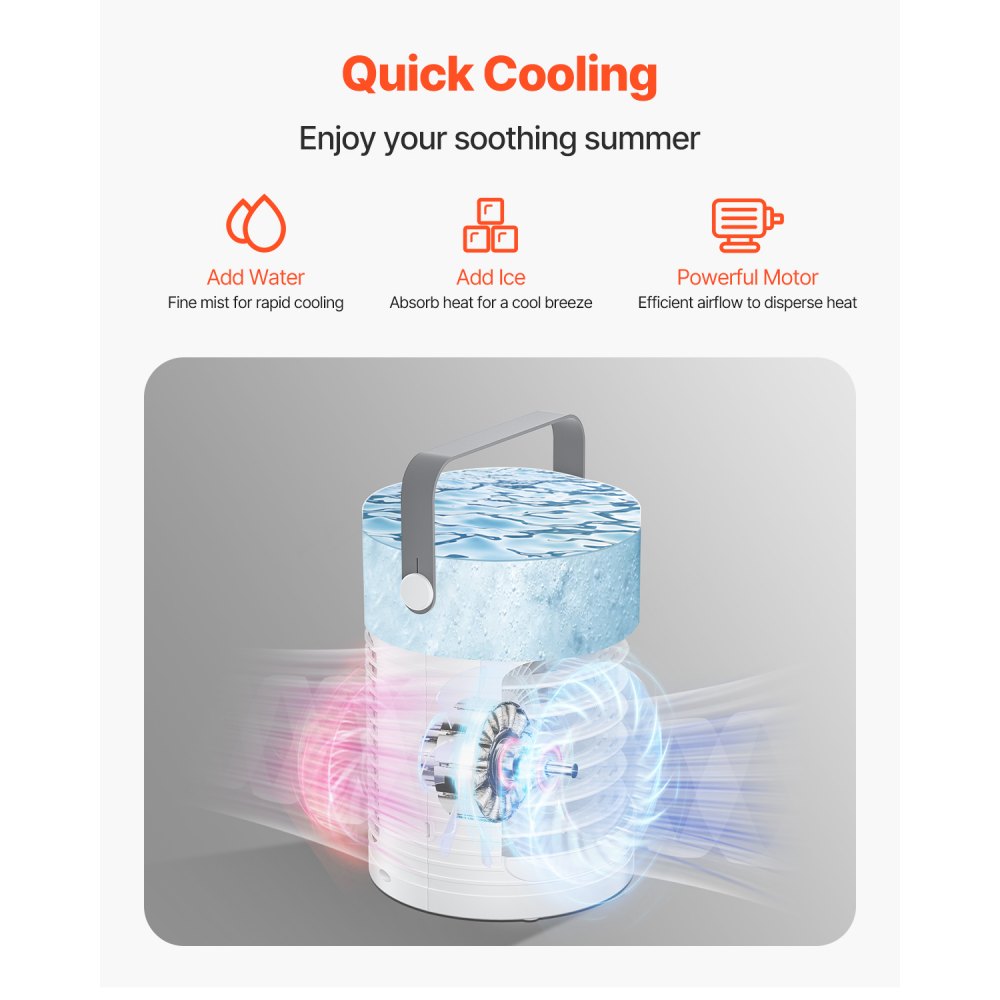 VEVOR Portable Air Conditioner, 4-in-1 Evaporative Air Cooler, 3-Speed Mini Air Conditioner with Smart Timer, 600ml Water Tank, 7-Color Light, Personal Mini Desk AC Fan for Bedroom Office Room