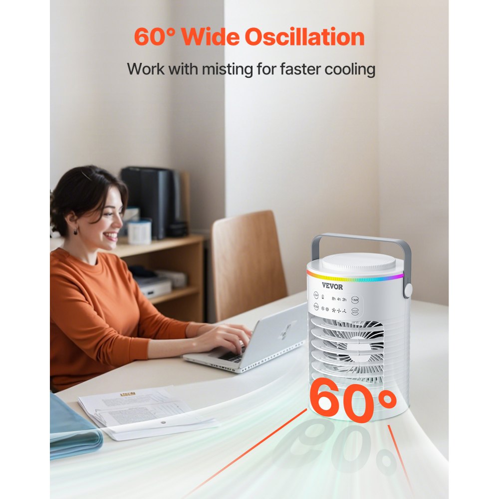 VEVOR Portable Air Conditioner, 4-in-1 Evaporative Air Cooler, 3-Speed Mini Air Conditioner with Smart Timer, 600ml Water Tank, 7-Color Light, Personal Mini Desk AC Fan for Bedroom Office Room