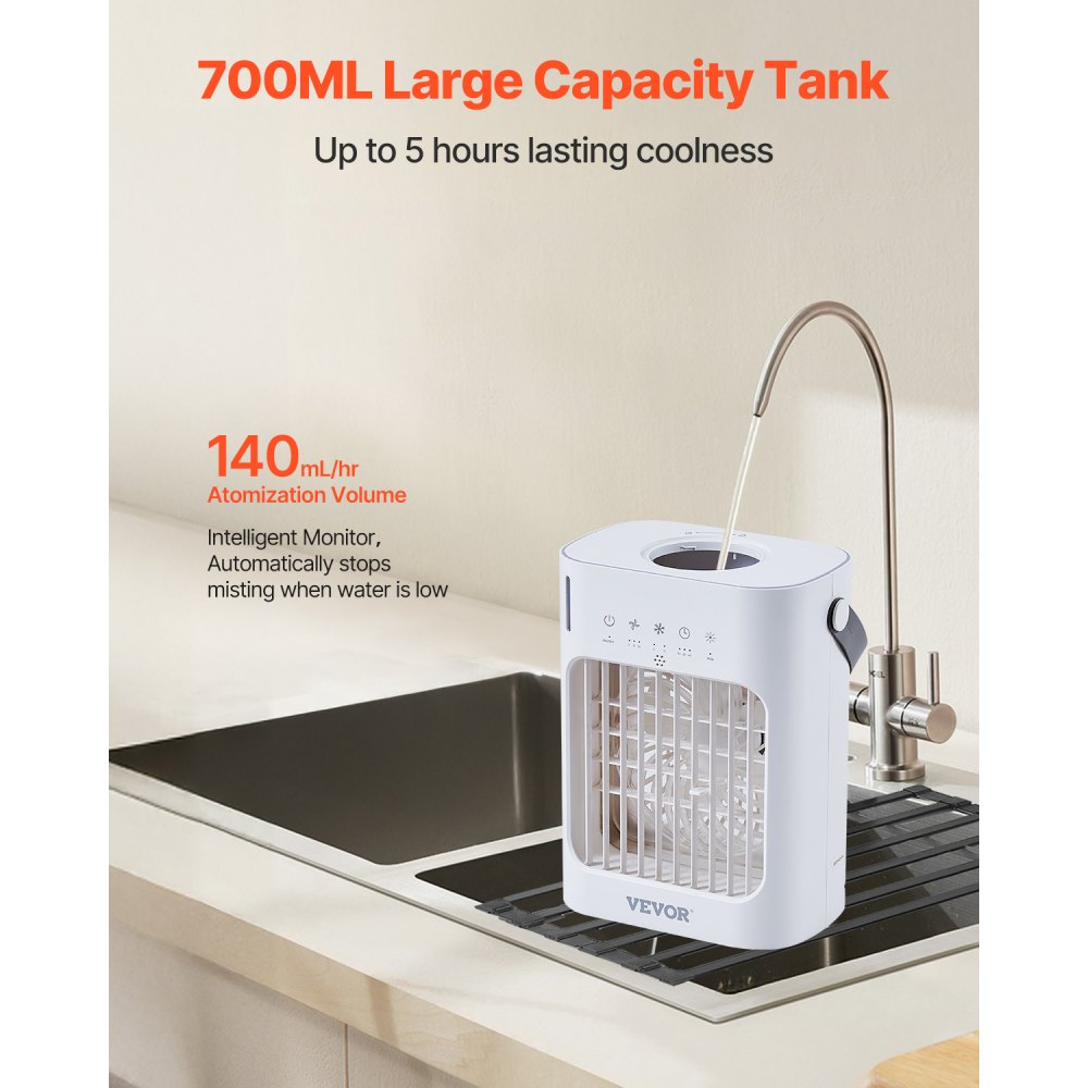 VEVOR Portable Air Conditioner, 4-in-1 Evaporative Air Cooler, 3-Speed Mini Air Conditioner with 0-7H Smart Timer, 700ml Water Tank, 7-Color Light, Personal Mini Desk AC Fan for Bedroom Office Room