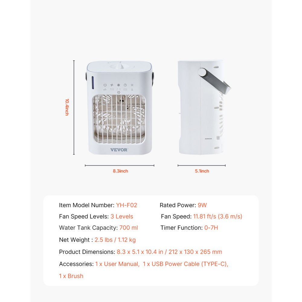 VEVOR Portable Air Conditioner, 4-in-1 Evaporative Air Cooler, 3-Speed Mini Air Conditioner with 0-7H Smart Timer, 700ml Water Tank, 7-Color Light, Personal Mini Desk AC Fan for Bedroom Office Room