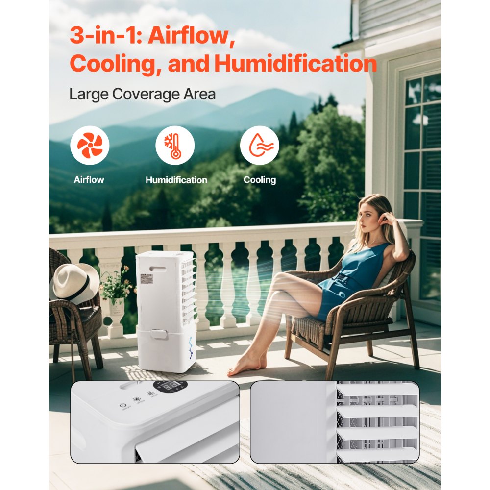 VEVOR Portable Air Conditioner, 9L 550 CFM Swamp Cooler Air Conditioner with 12H Timer & Remote Control, 3-Speed Evaporative Air Cooler with 2 Ice Boxes, Quiet & Movable, Ideal for Outdoor Indoor Use